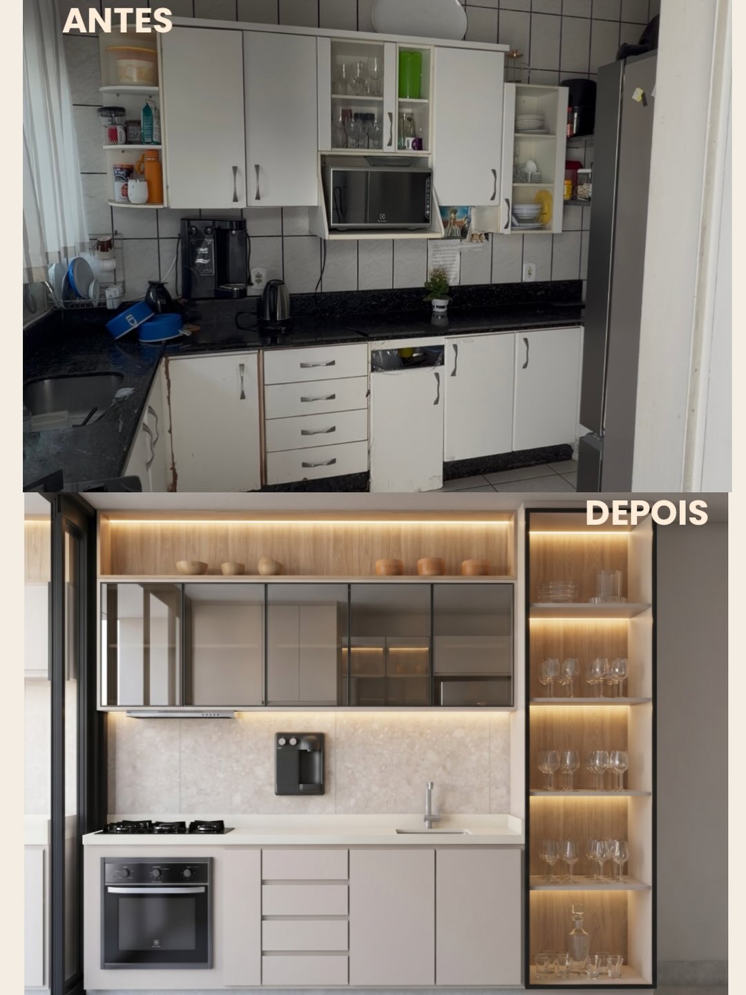 Antes e depois de uma cozinha, do ambiente antigo a uma solução contemporânea com marcenaria planejada