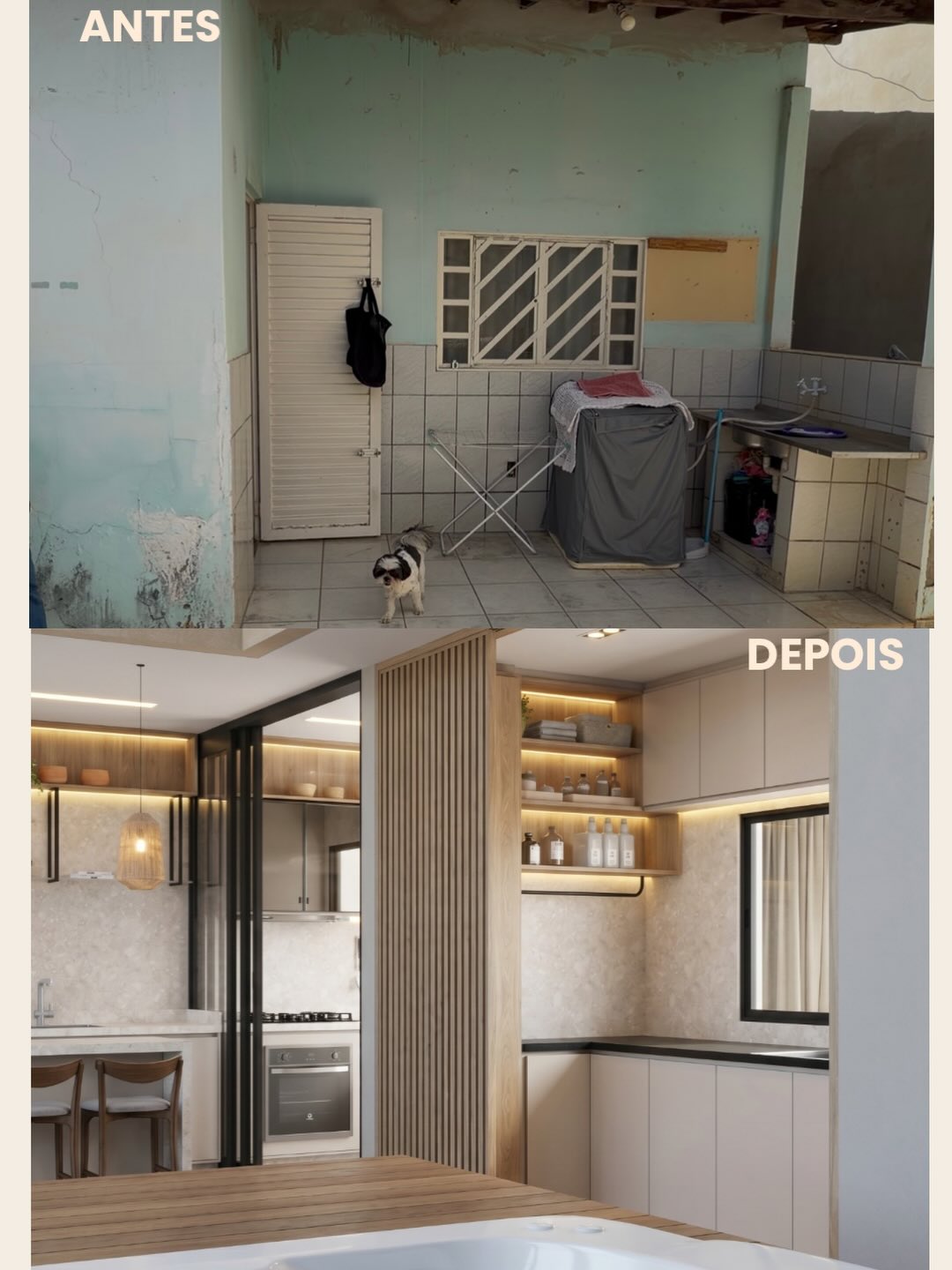 Antes e depois de uma área de serviço transformada em ambiente integrado e funcional