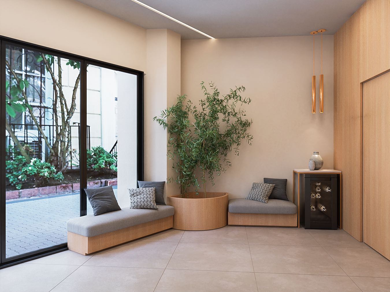 Sala de espera comercial com madeira, bancos estofados e vegetação