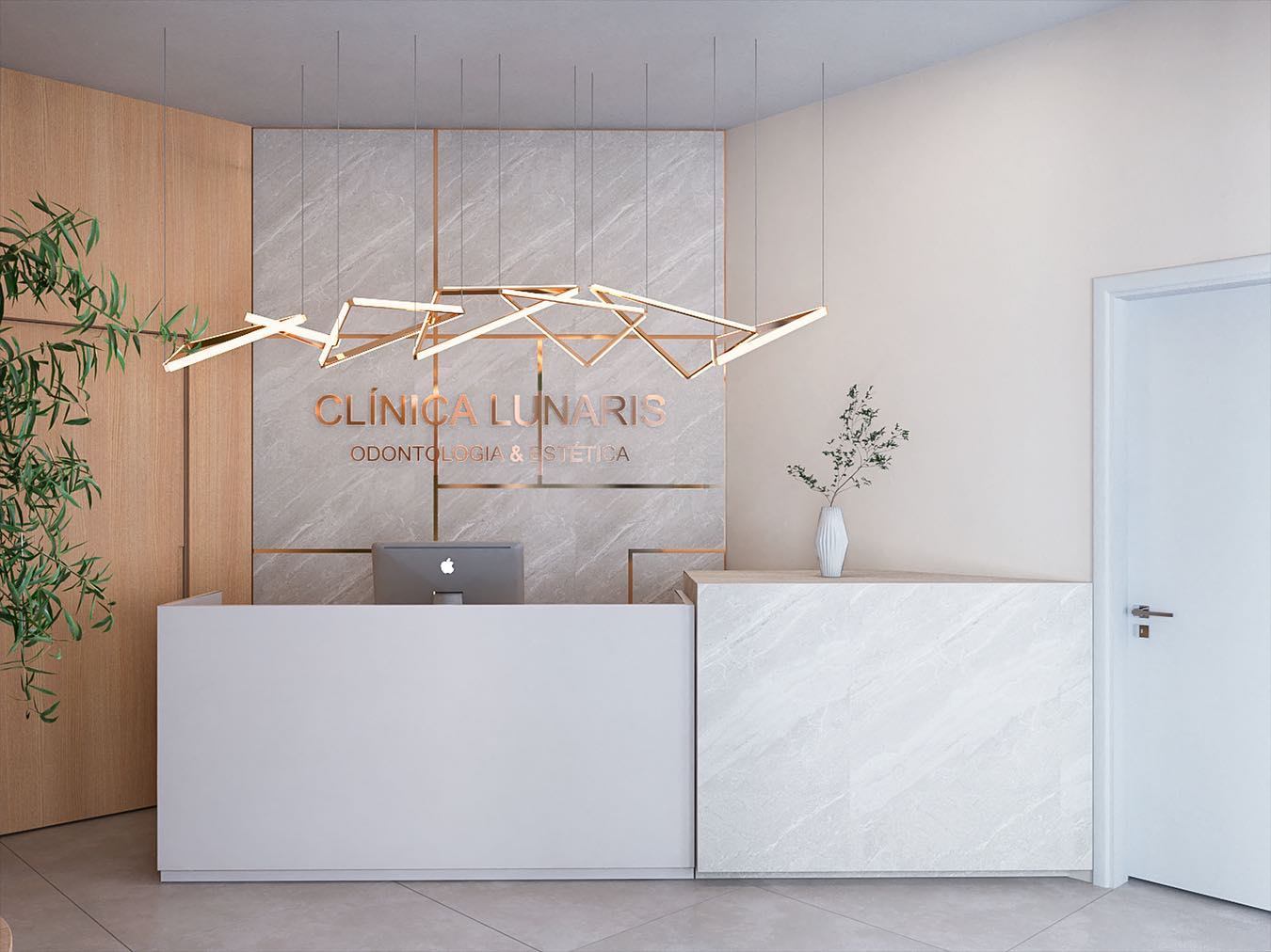 Recepção da Clínica Lunaris com marcenaria clara, pedra e iluminação escultural